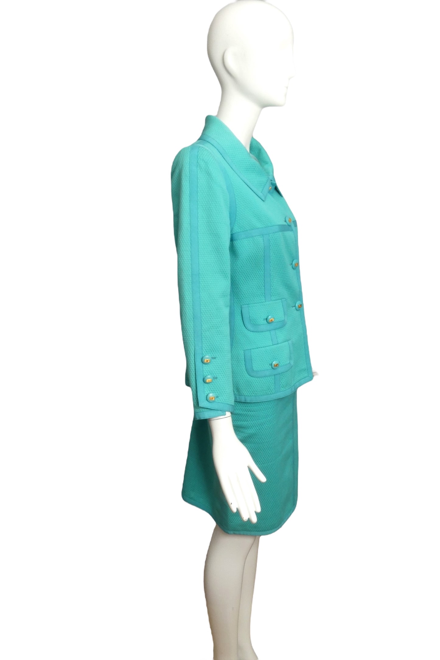 CHANEL BOUTIQUE- 1990s Turquoise Cotton Ribbon Skirt Suit, Size 6