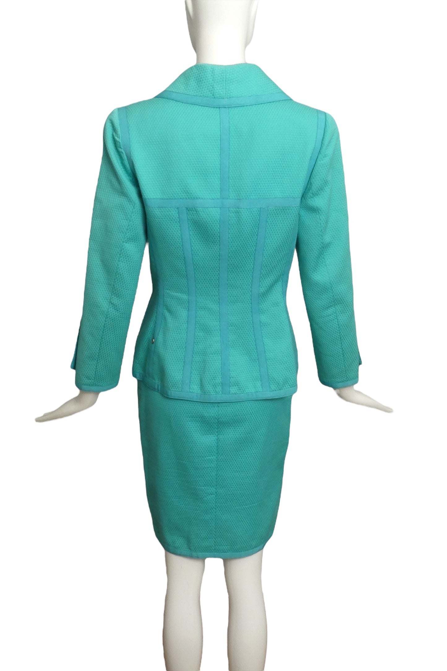 CHANEL BOUTIQUE- 1990s Turquoise Cotton Ribbon Skirt Suit, Size 6
