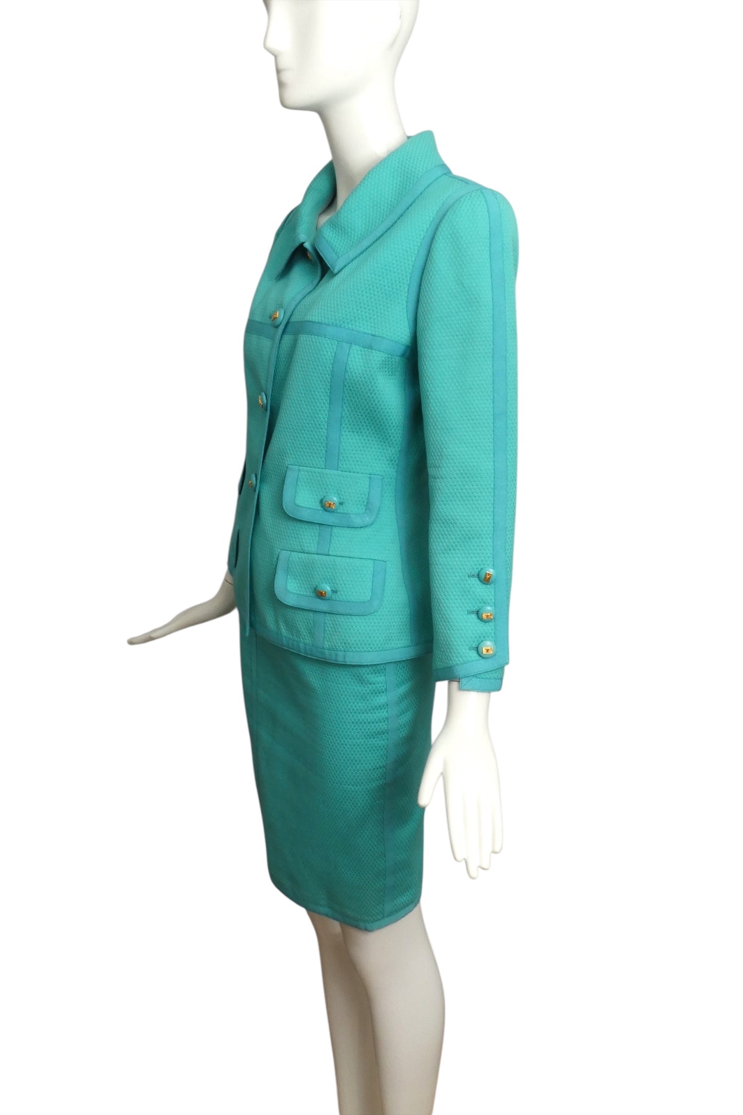 CHANEL BOUTIQUE- 1990s Turquoise Cotton Ribbon Skirt Suit, Size 6