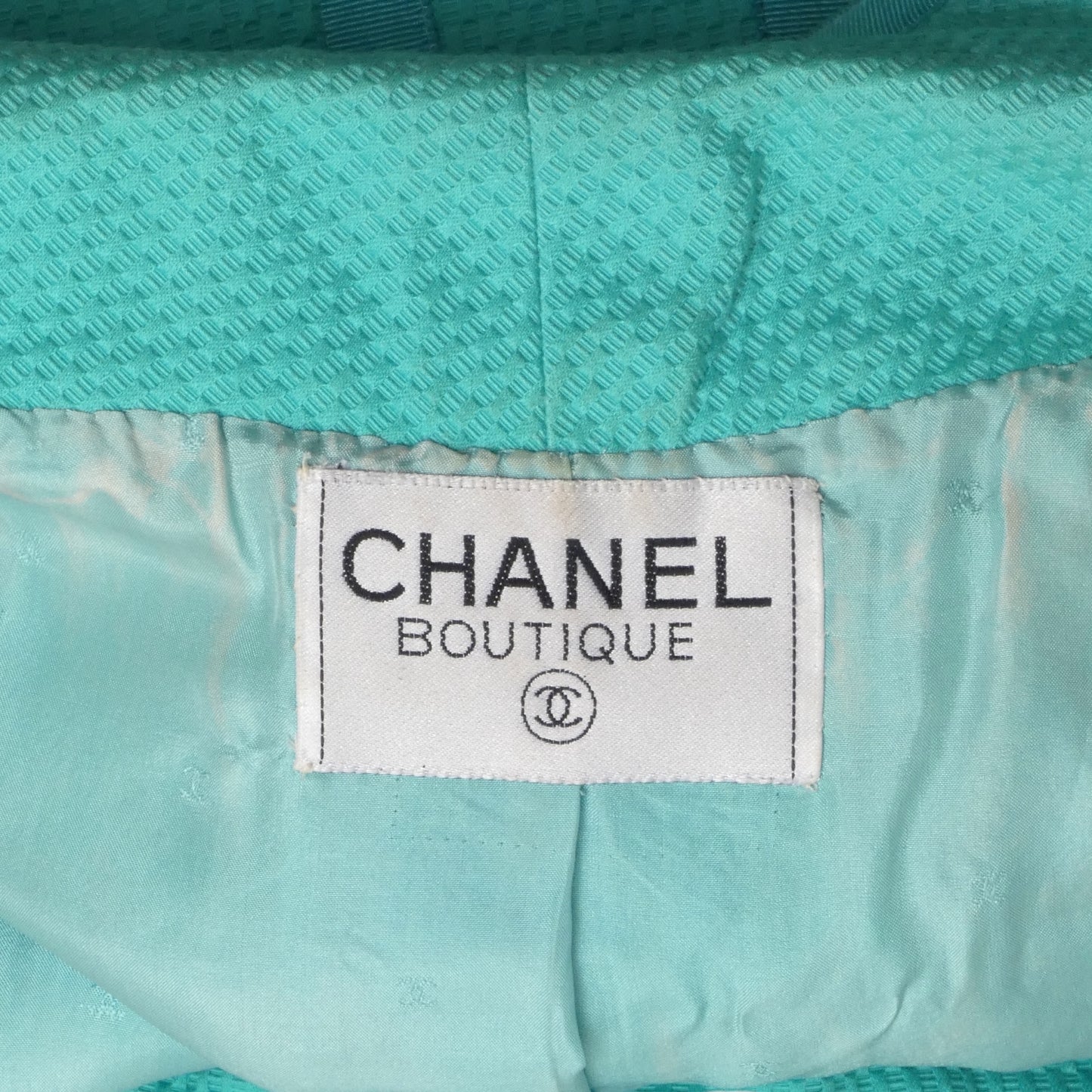 CHANEL BOUTIQUE- 1990s Turquoise Cotton Ribbon Skirt Suit, Size 6