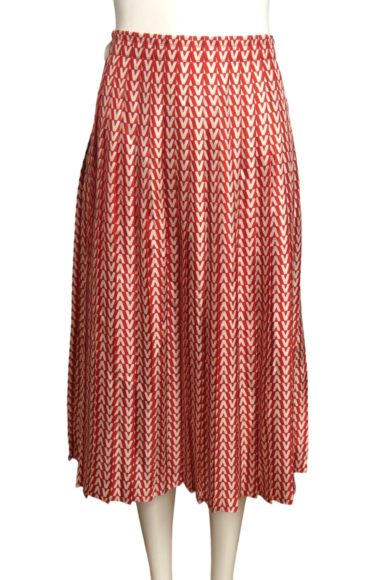 VALENTINO- 2019 Red & White Print Silk Pleat Skirt, Size 6