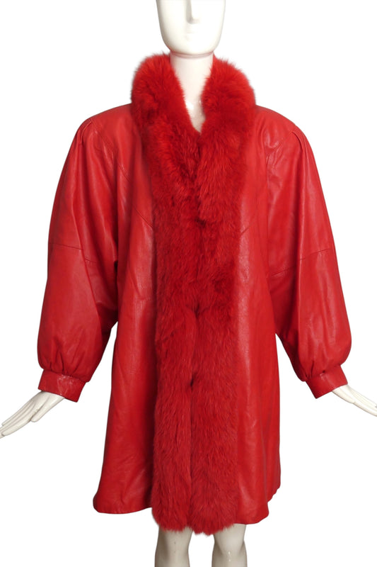 1980s Red Leather & Fox Fur Coat, Size Medium