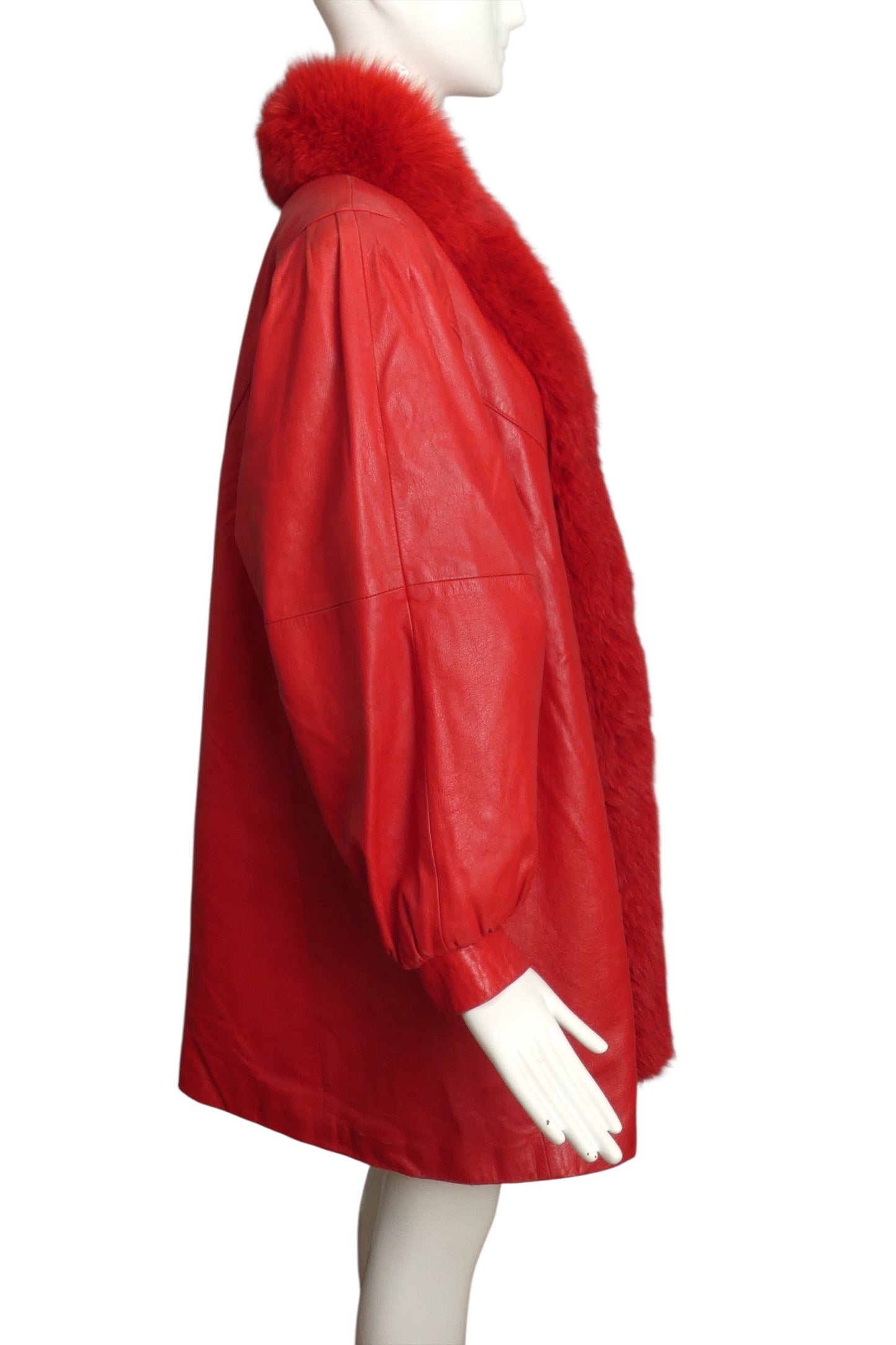 1980s Red Leather & Fox Fur Coat, Size Medium