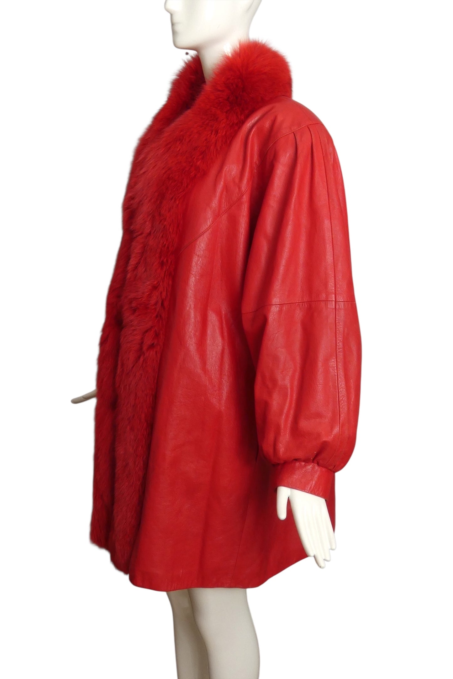 1980s Red Leather & Fox Fur Coat, Size Medium