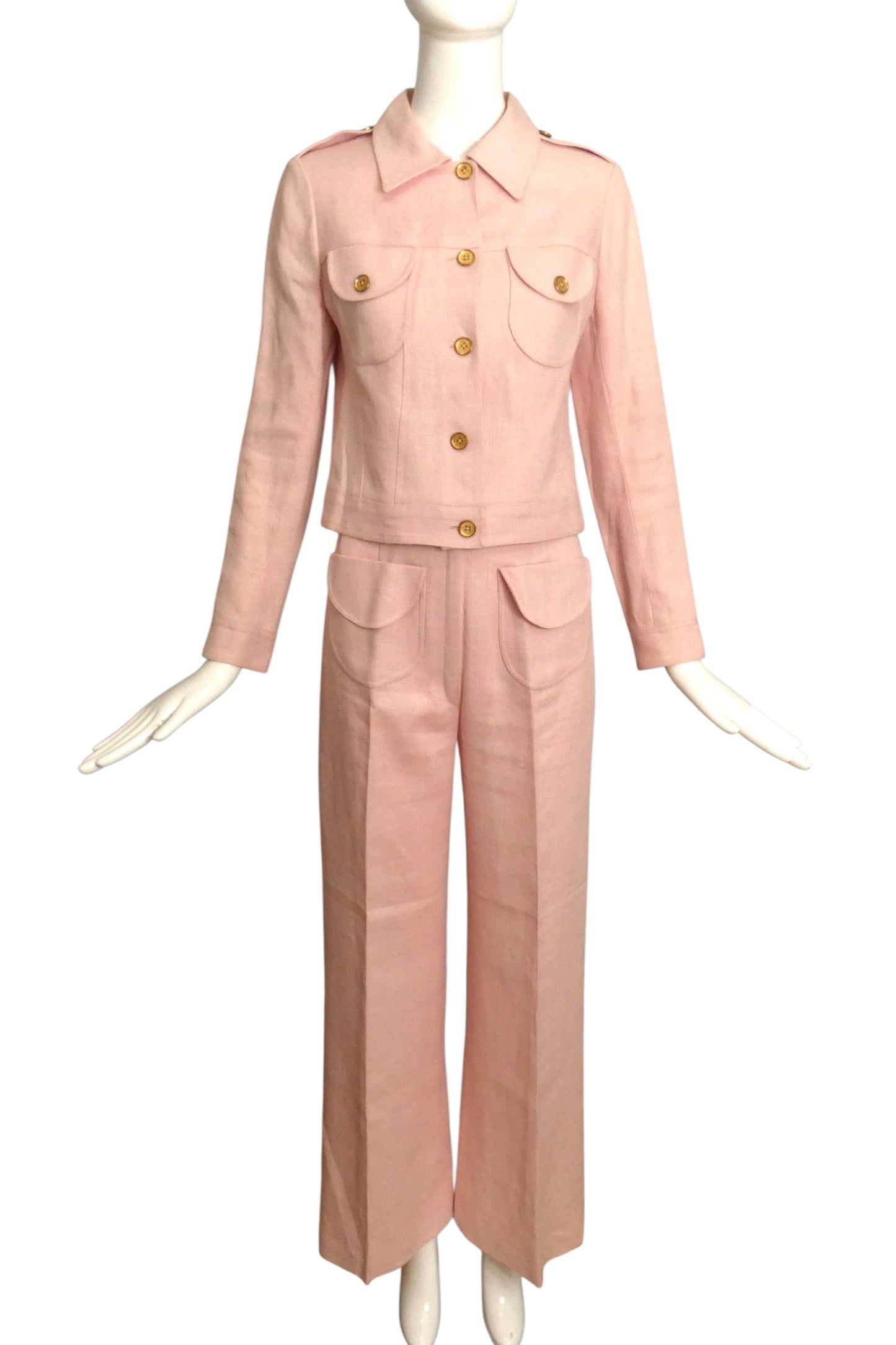 FERNANDO PENA-1970s Pink Linen Pant Suit, Size 2