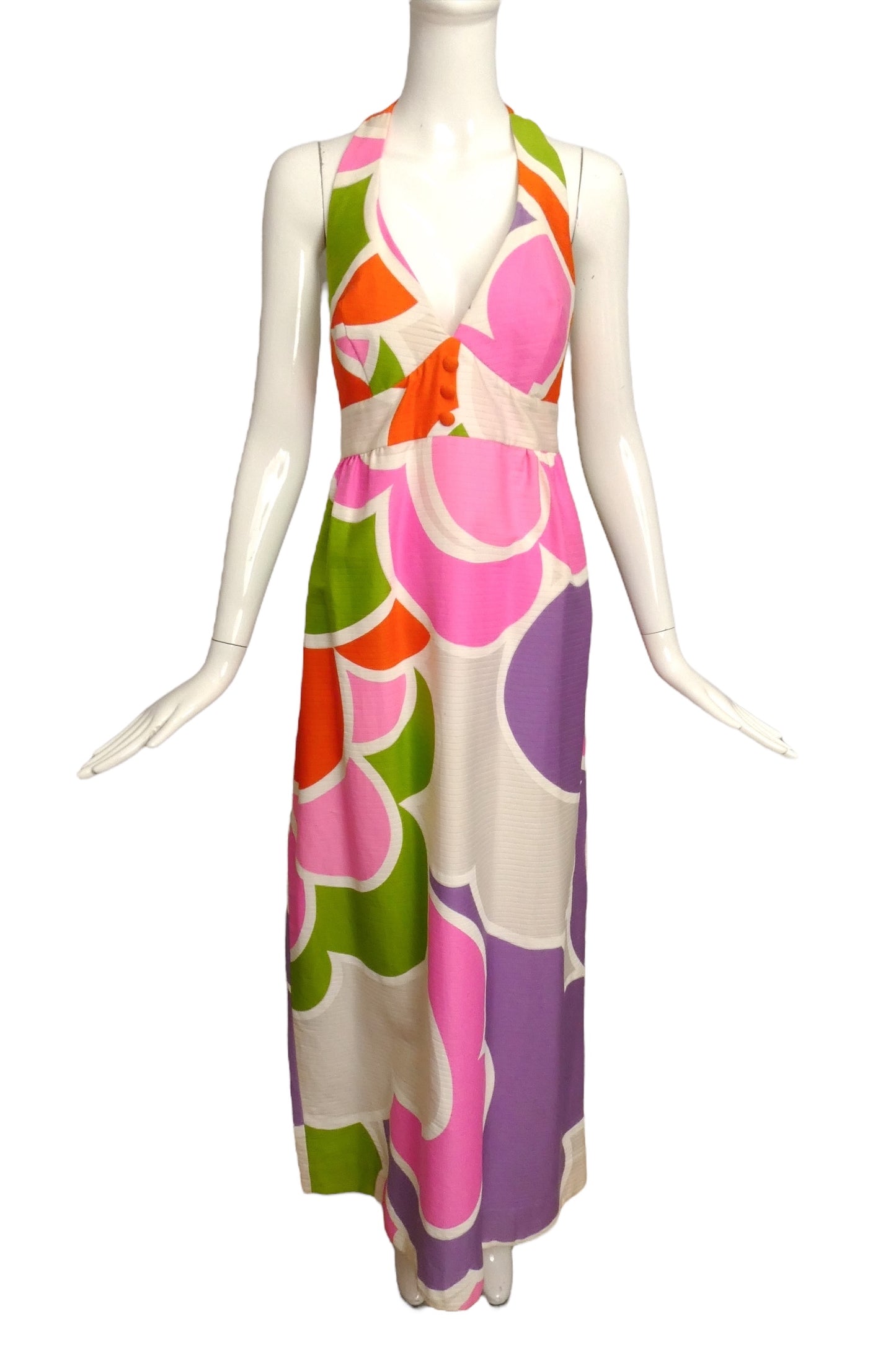 1960s Multi Color Printed Cotton Maxi Dress, Size 8
