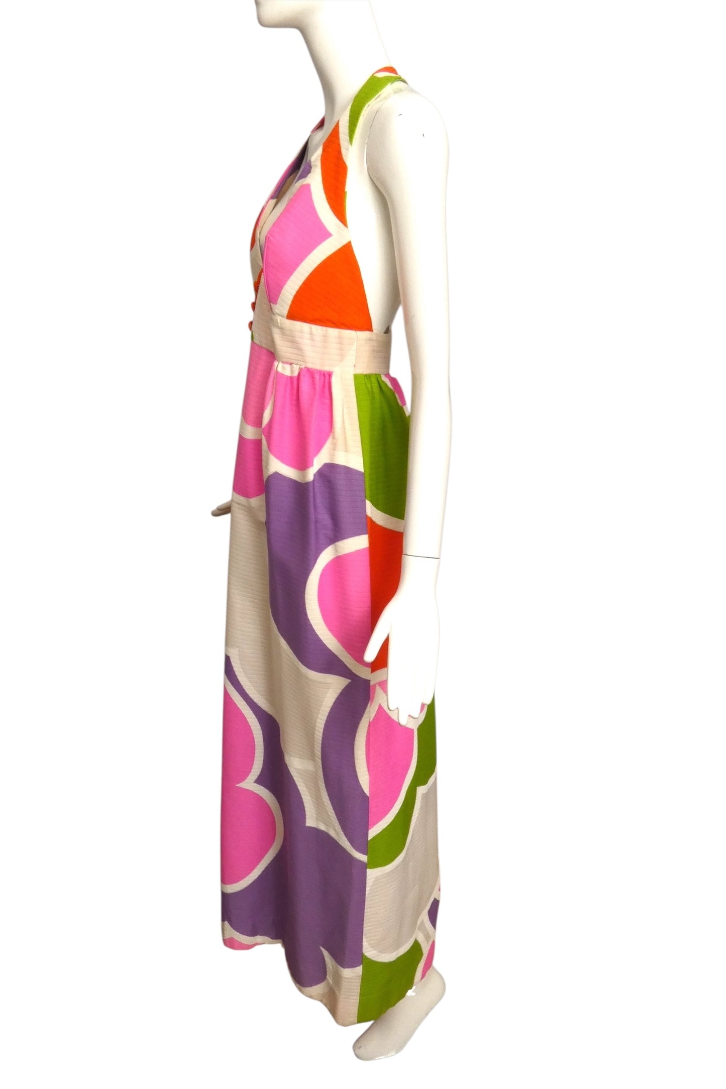 1960s Multi Color Printed Cotton Maxi Dress, Size 8