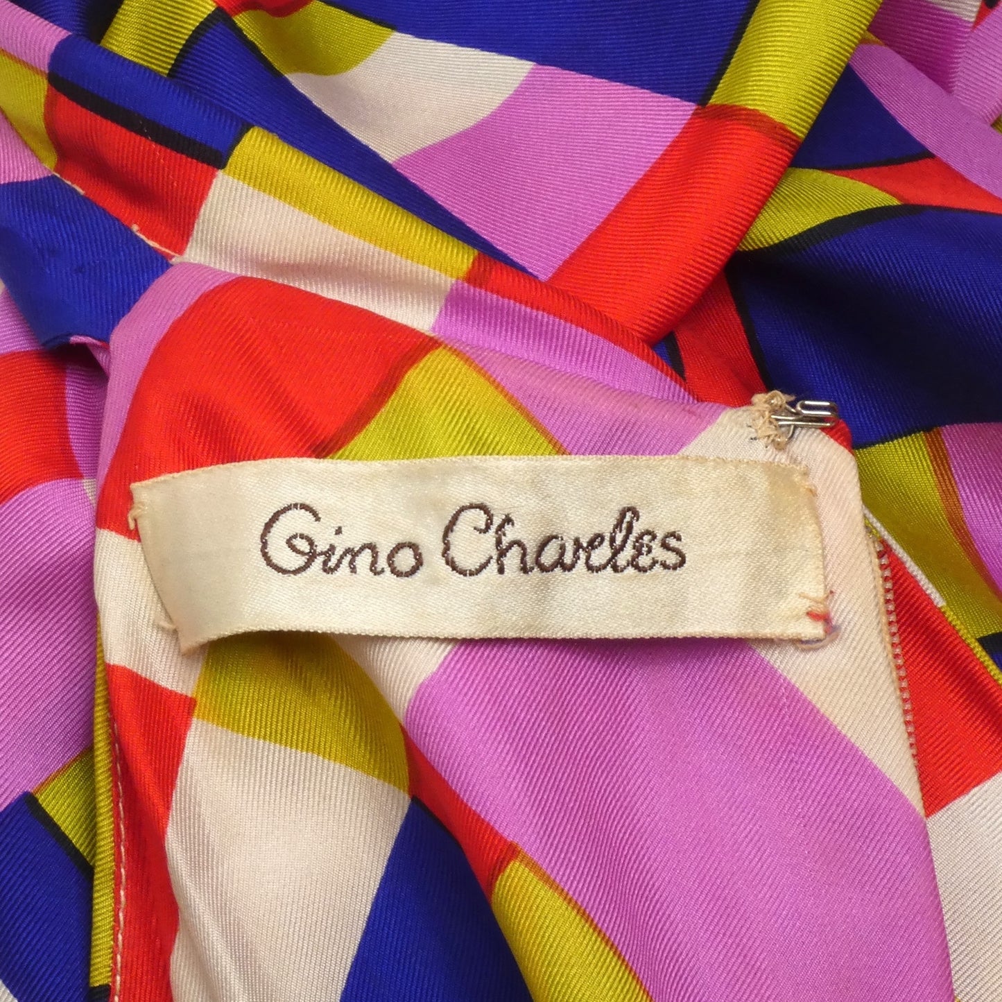 GINO CHARLES- 1960s Geo Print Silk Dress, Size 4