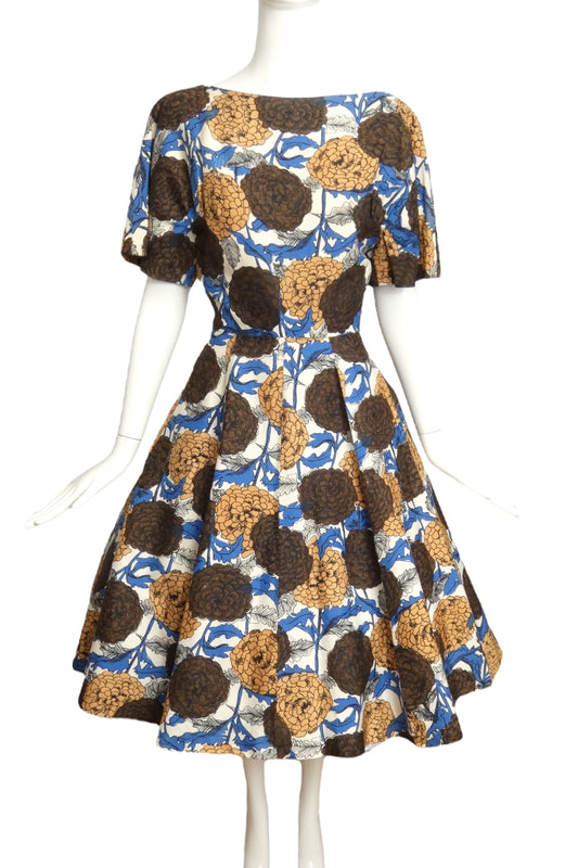 SCAASI- 1960s Floral Linen Dress, Size 6