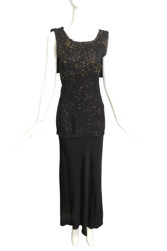 1930s Black & Gold Crepe Evening Gown, Size 8