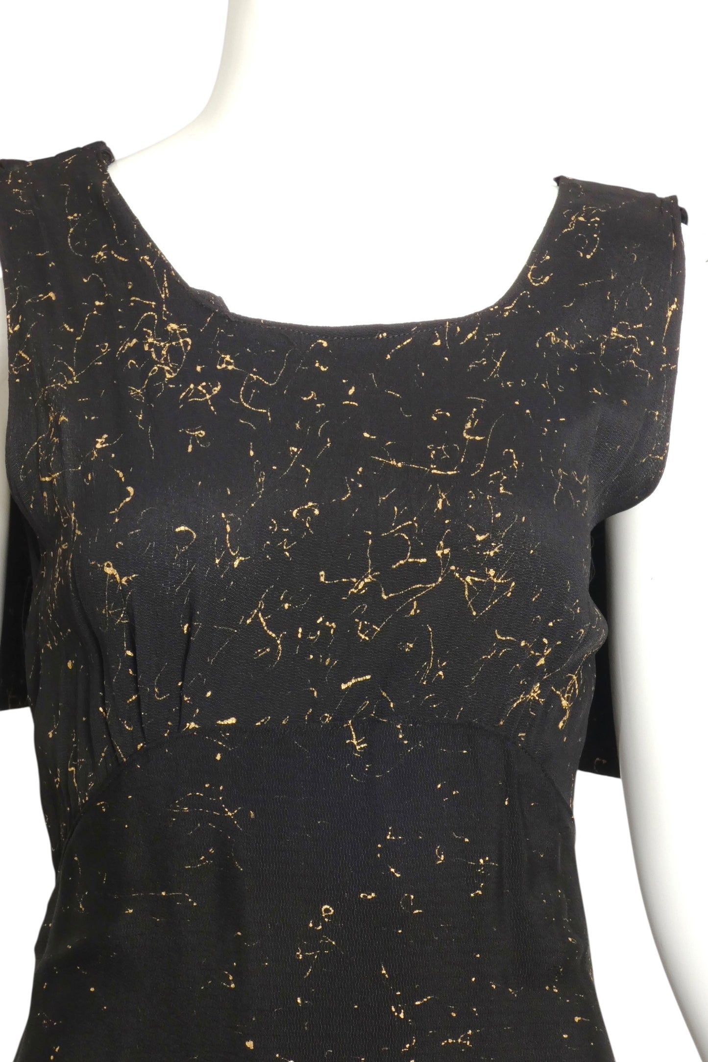 1930s Black & Gold Crepe Evening Gown, Size 8