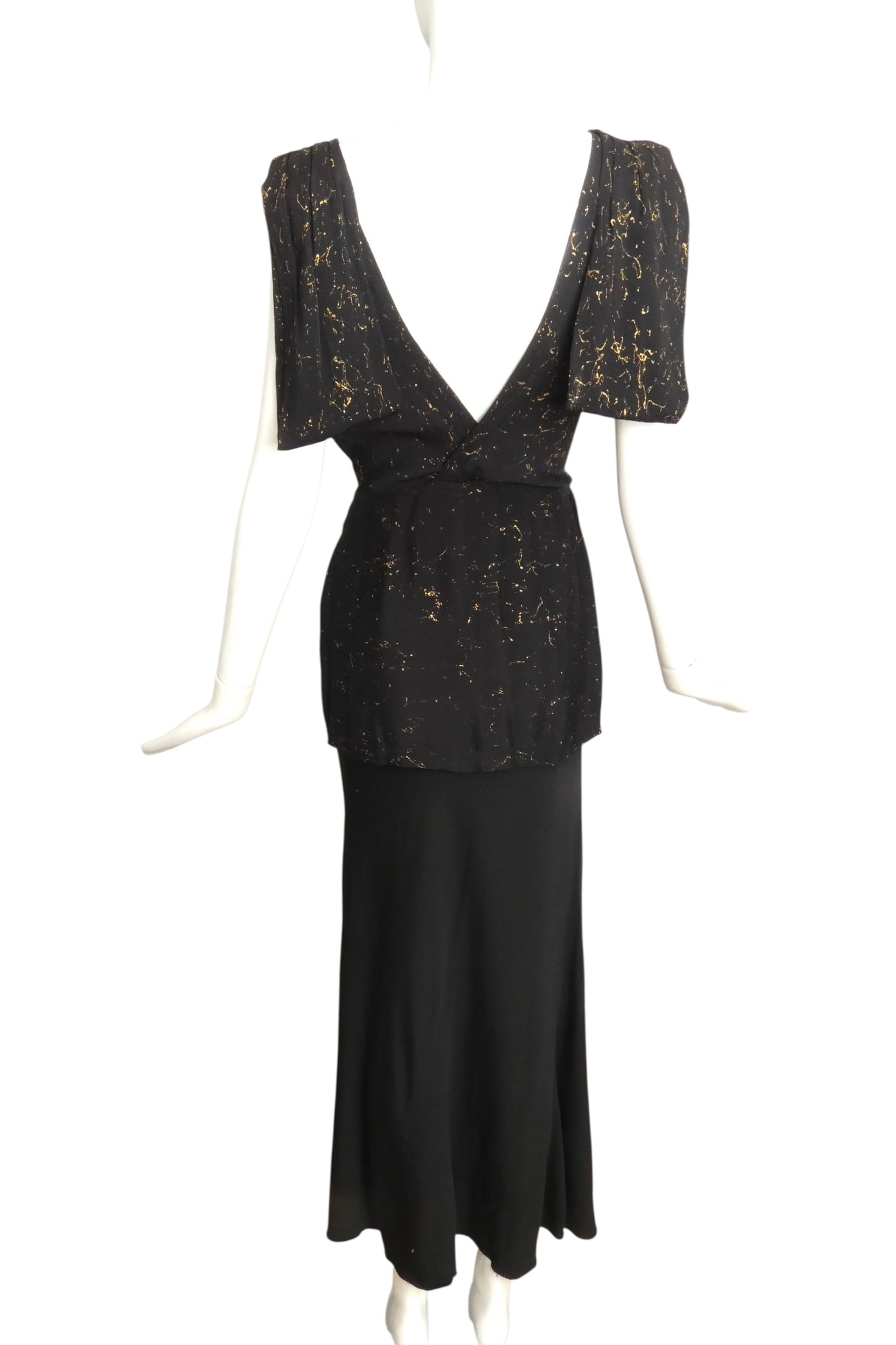 1930s Black & Gold Crepe Evening Gown, Size 8