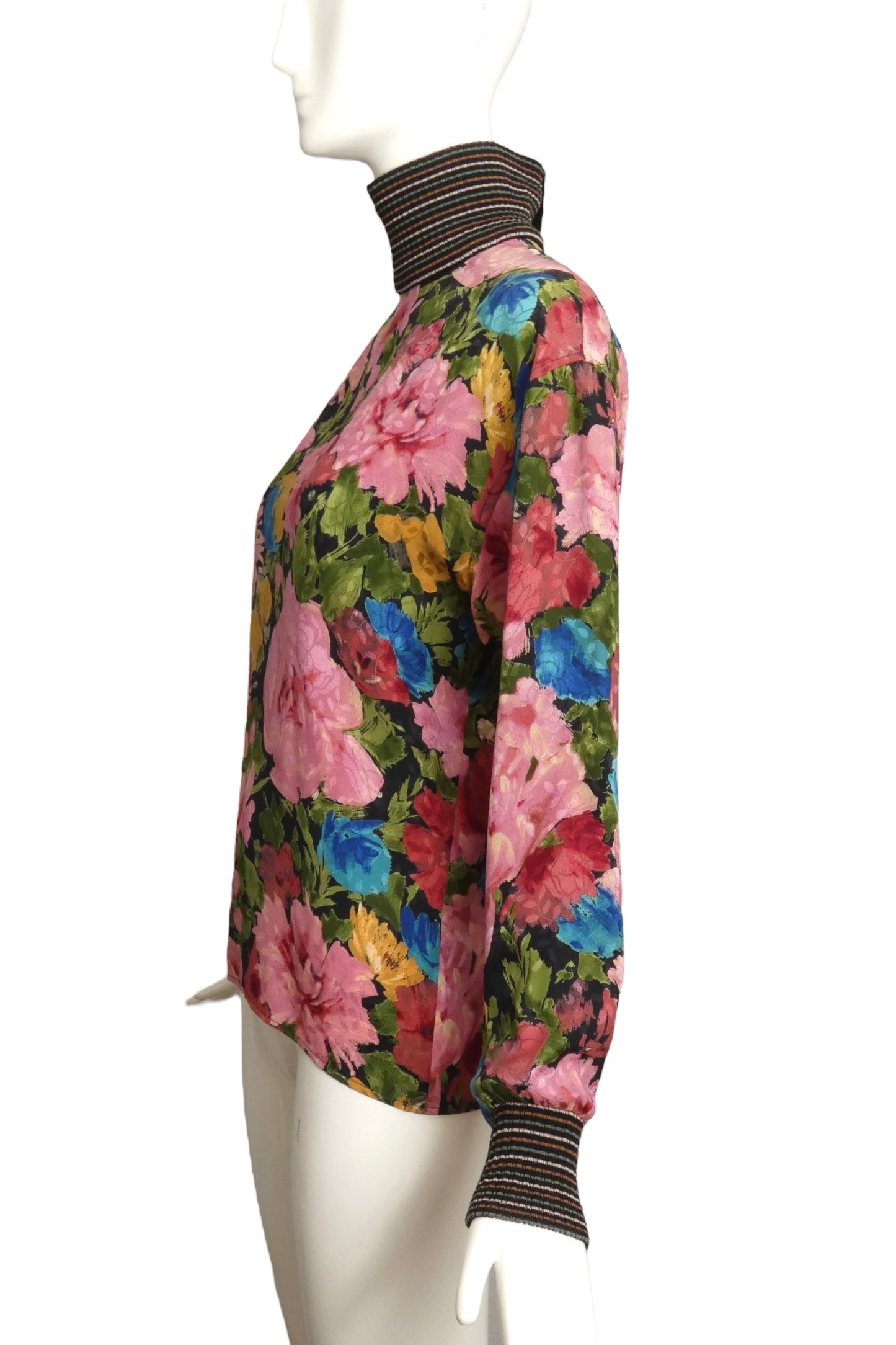 UNGARO- 1980s Floral Print Silk & Knit Blouse, Size 8