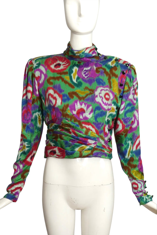 EMANUEL UNGARO- 1980s  Floral Print Silk Blouse, Size 10