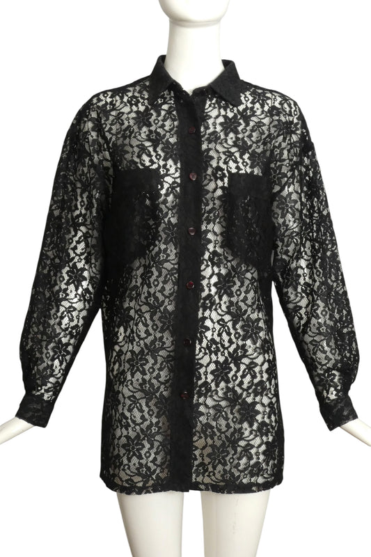 DIANE VON FURSTENBERG- 1970s Black Lace Blouse, Size 10