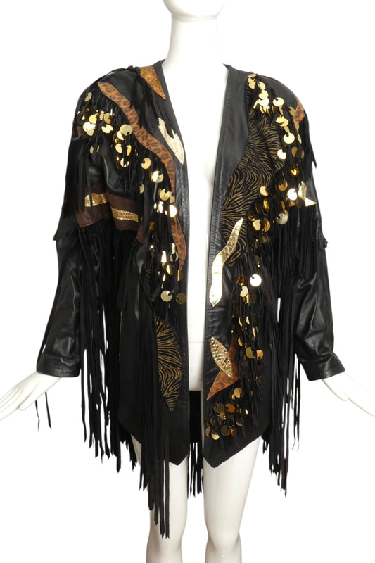 1980s Black Leather Fringe & Appliqué Coat, Size 10