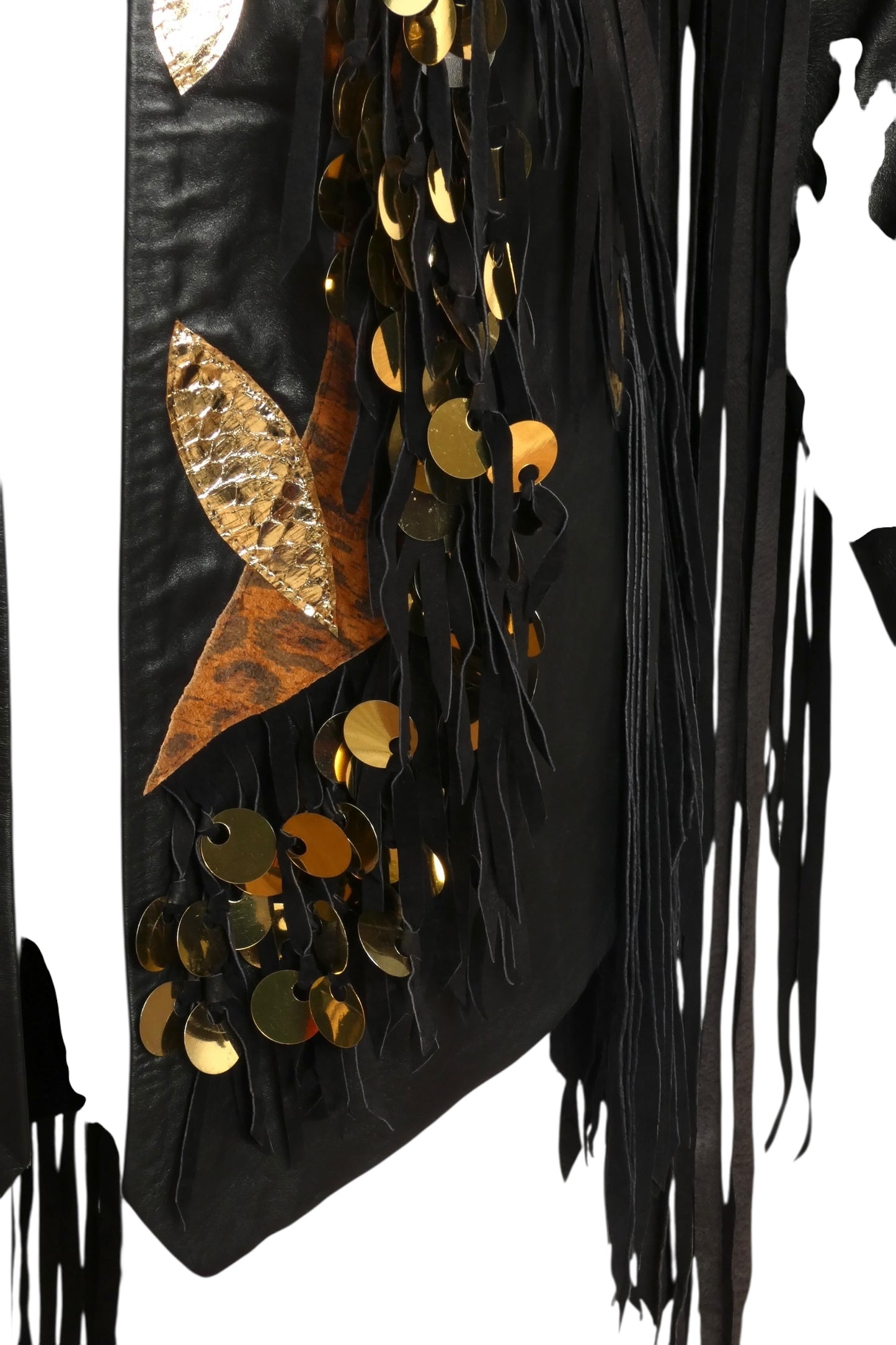 1980s Black Leather Fringe & Appliqué Coat, Size 10