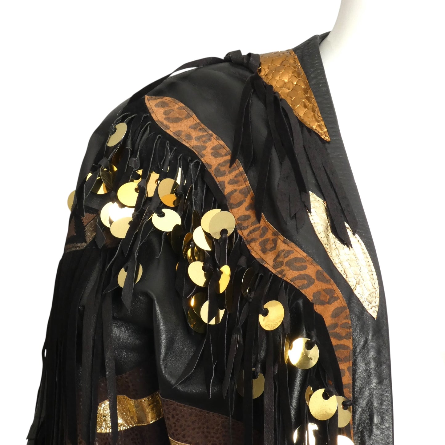 1980s Black Leather Fringe & Appliqué Coat, Size 10