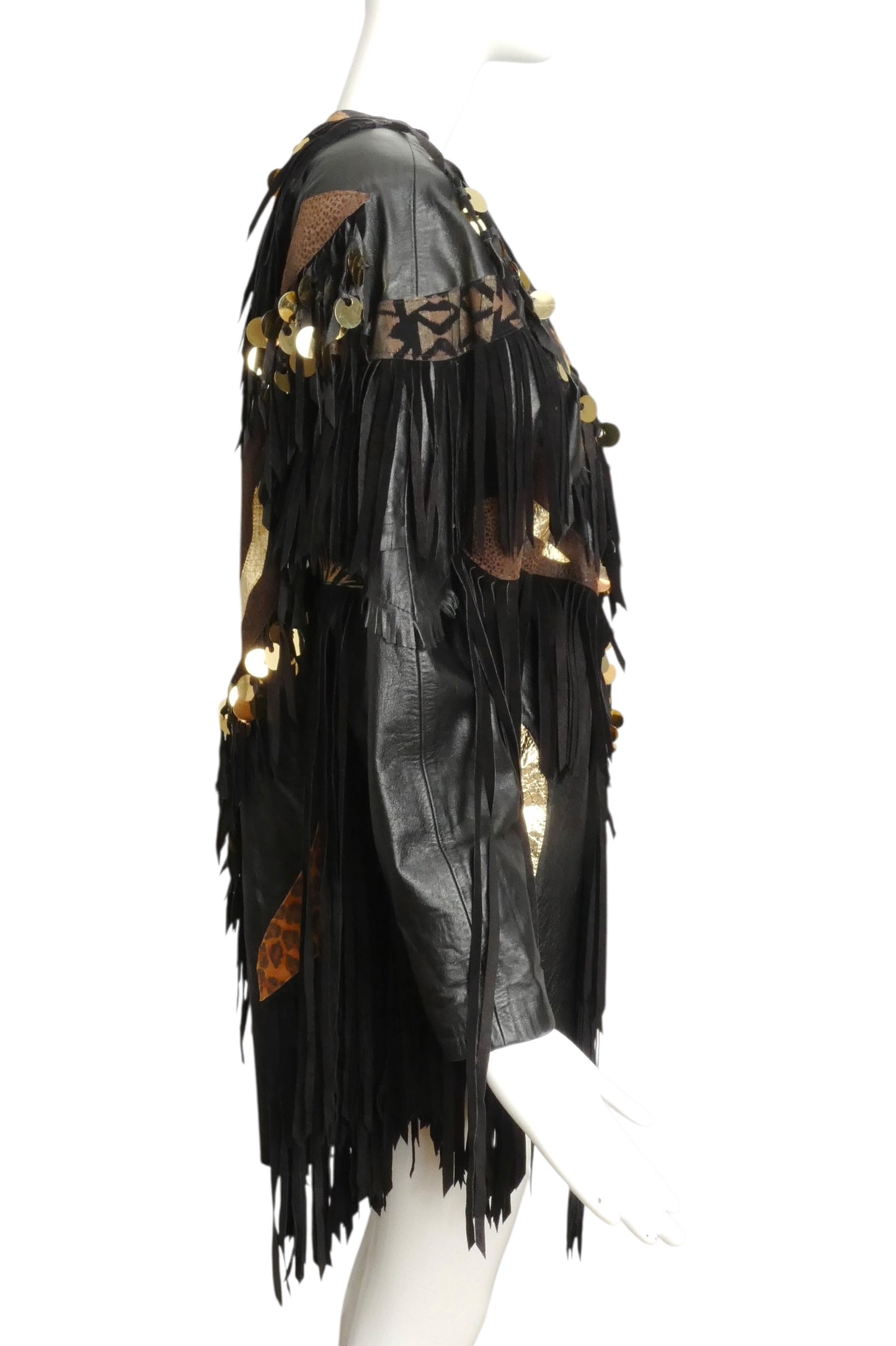 1980s Black Leather Fringe & Appliqué Coat, Size 10