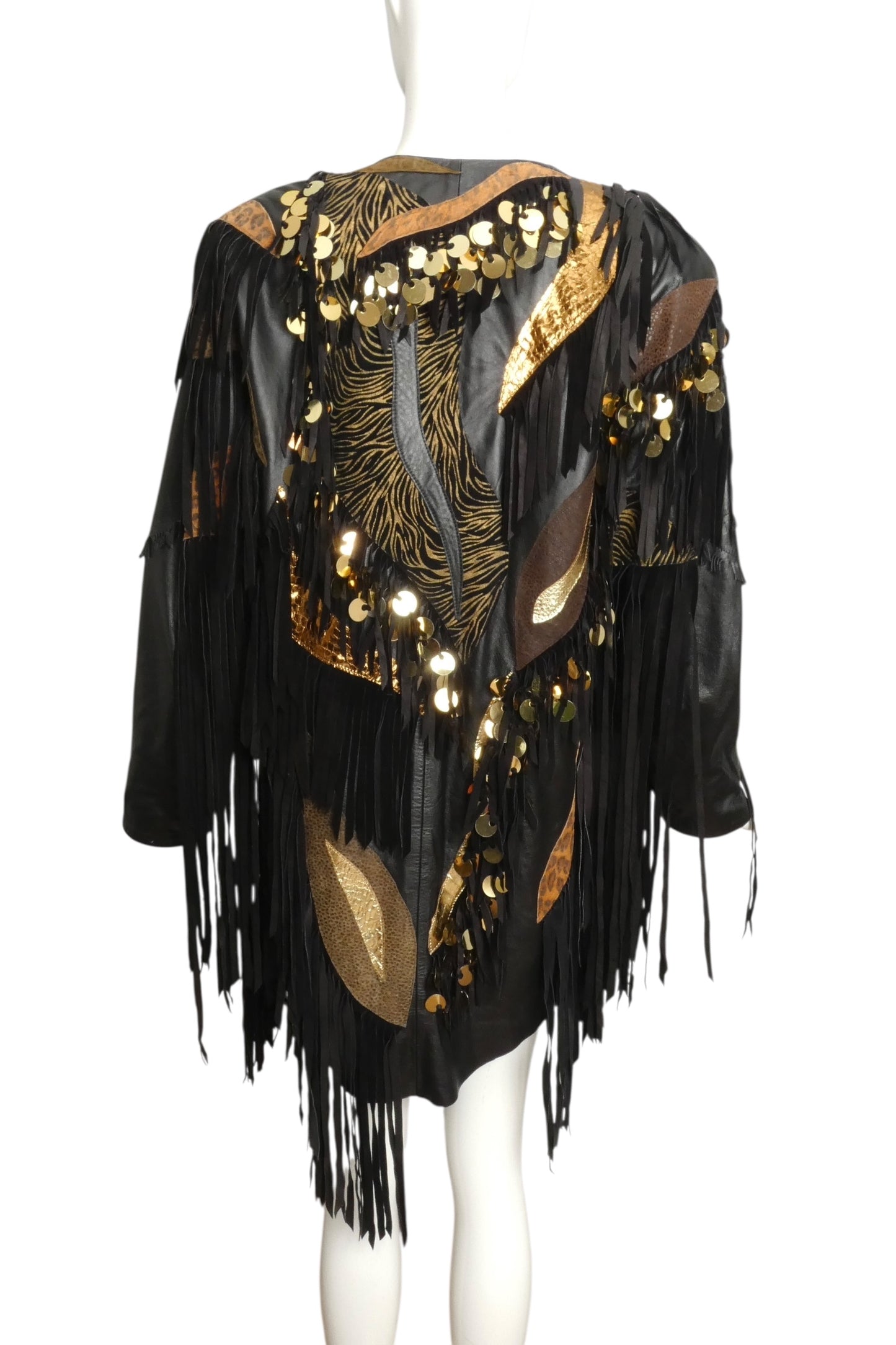 1980s Black Leather Fringe & Appliqué Coat, Size 10