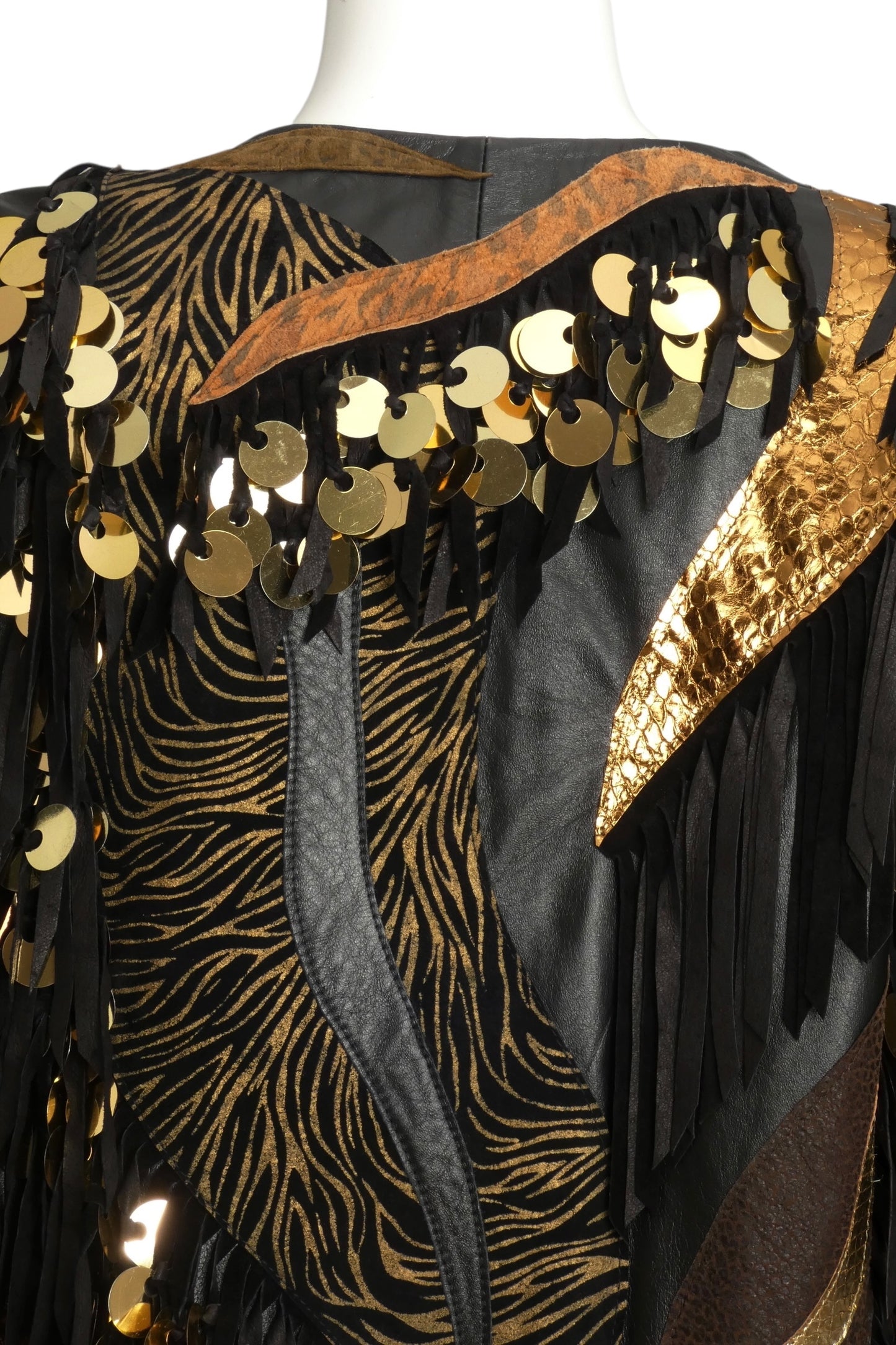 1980s Black Leather Fringe & Appliqué Coat, Size 10