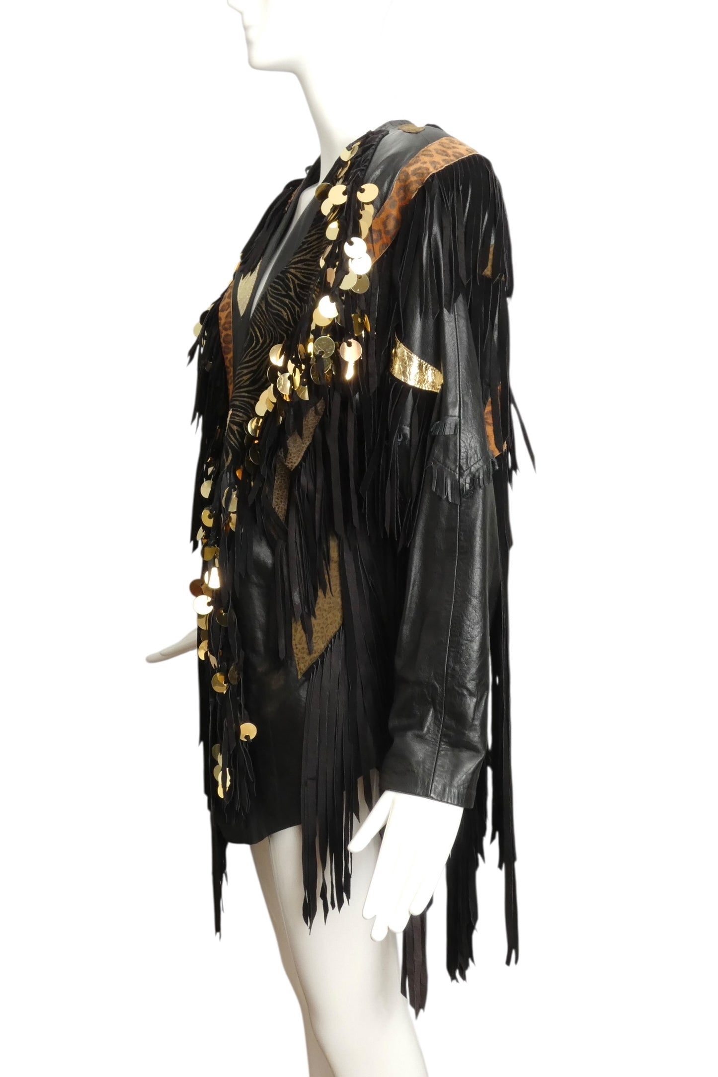 1980s Black Leather Fringe & Appliqué Coat, Size 10
