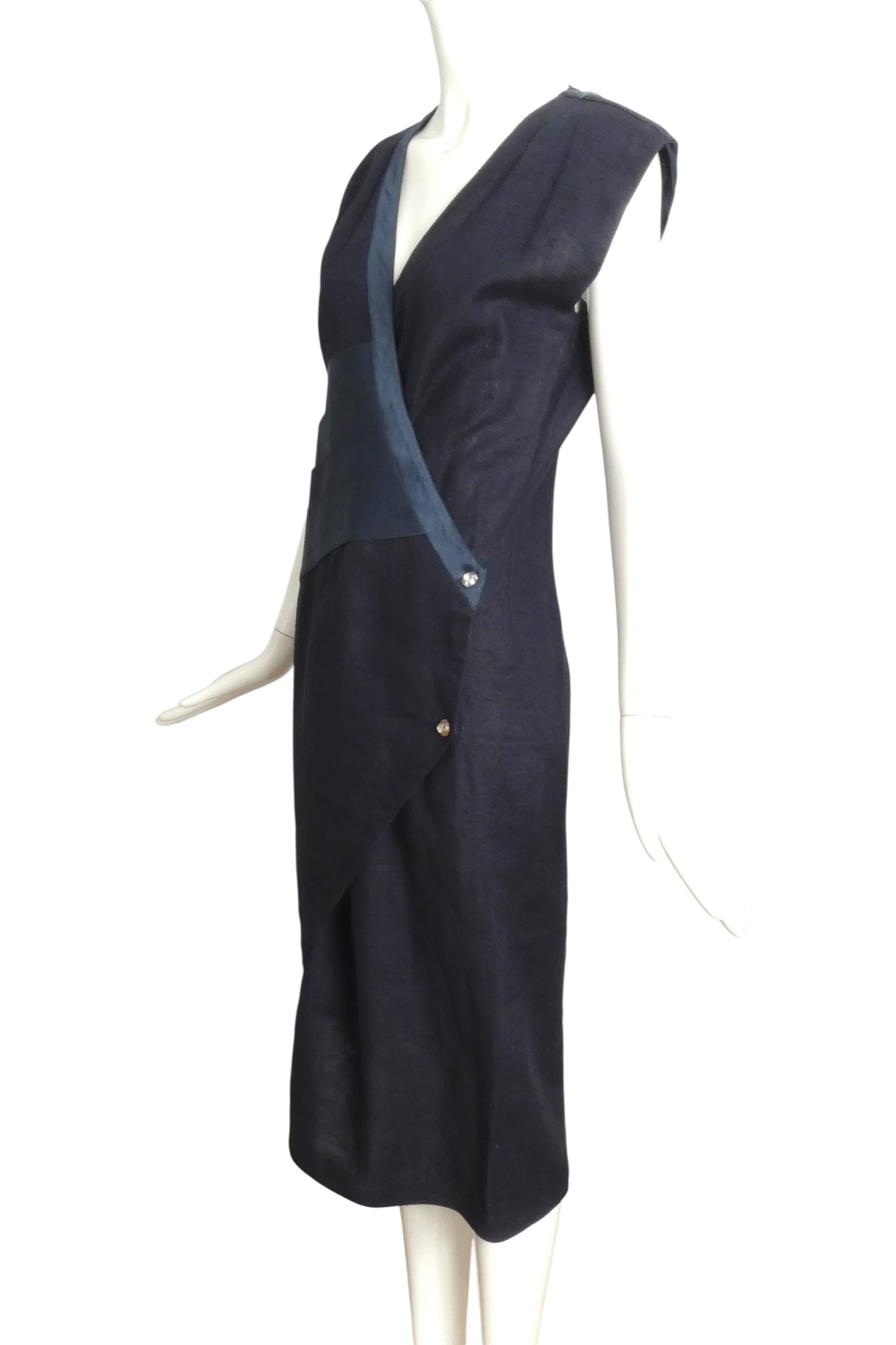 GIANNI VERSACE- 1985 Navy Linen & Silk Wrap Dress, Size 6