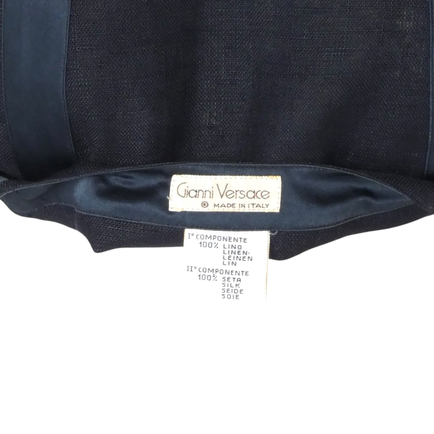 GIANNI VERSACE- 1985 Navy Linen & Silk Wrap Dress, Size 6