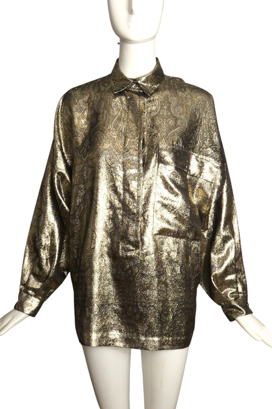 GENNY- 1980s Metallic Silk  L/S Blouse, Size 12
