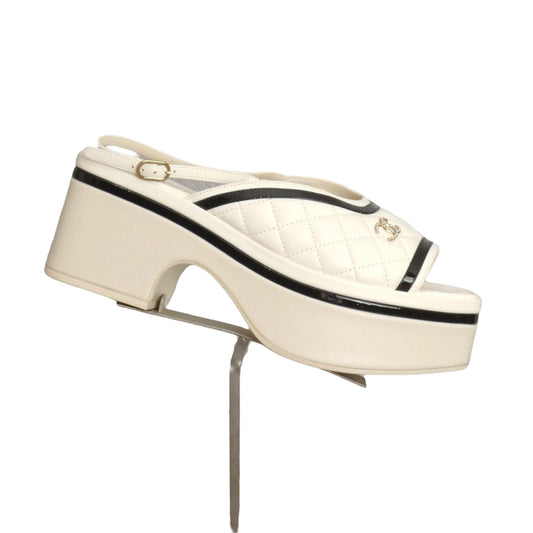 CHANEL- White & Black Quilted Platform Sandals, Size 38.5