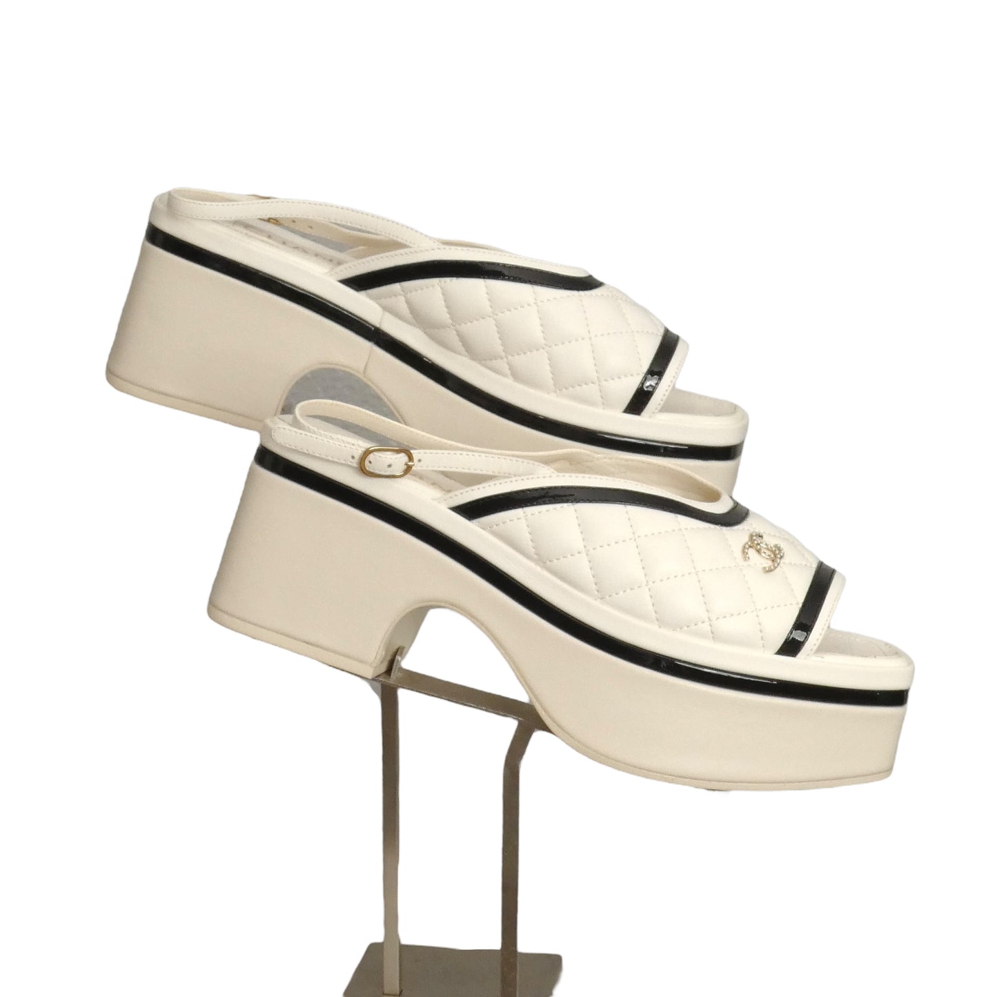 CHANEL- White & Black Quilted Platform Sandals, Size 38.5