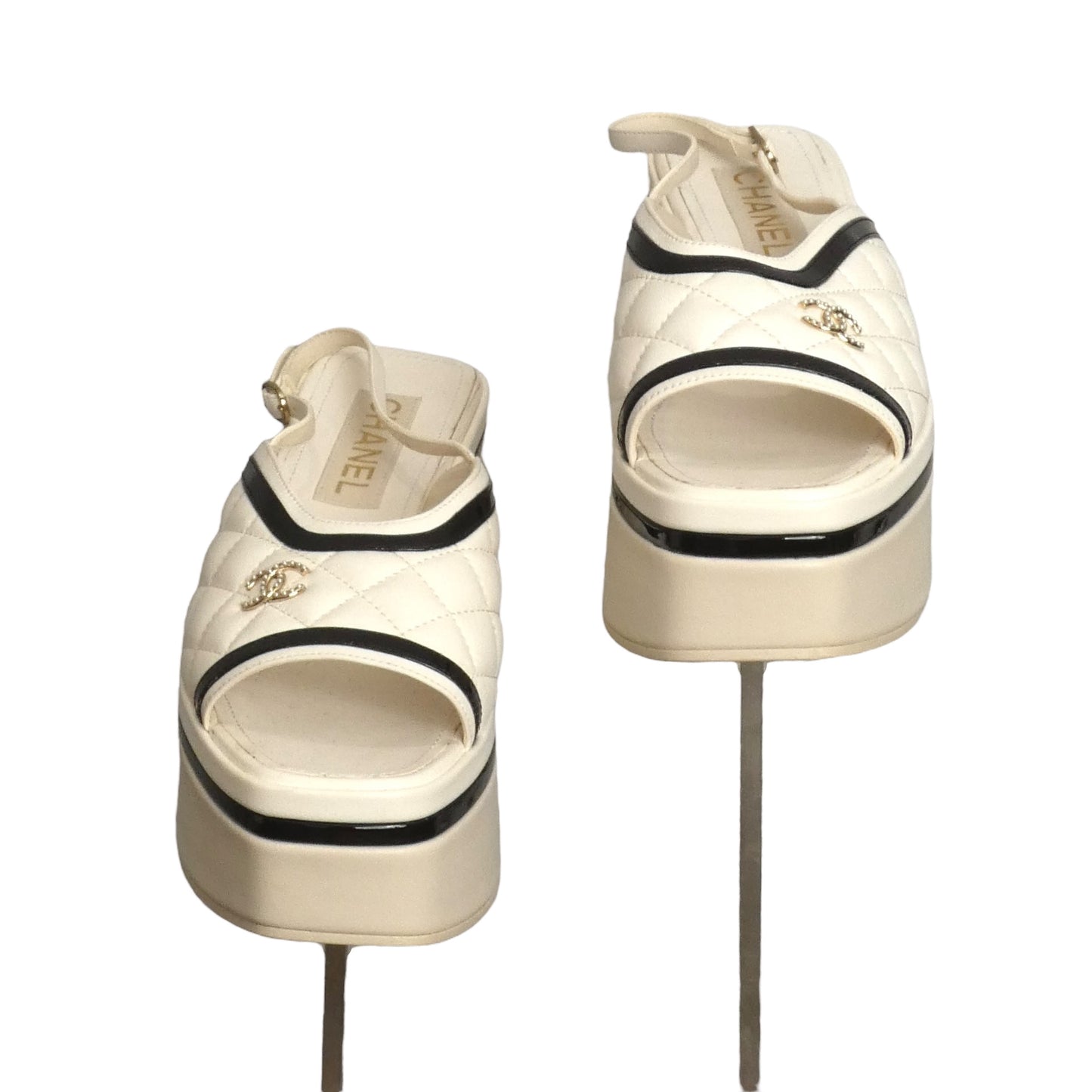 CHANEL- White & Black Quilted Platform Sandals, Size 38.5