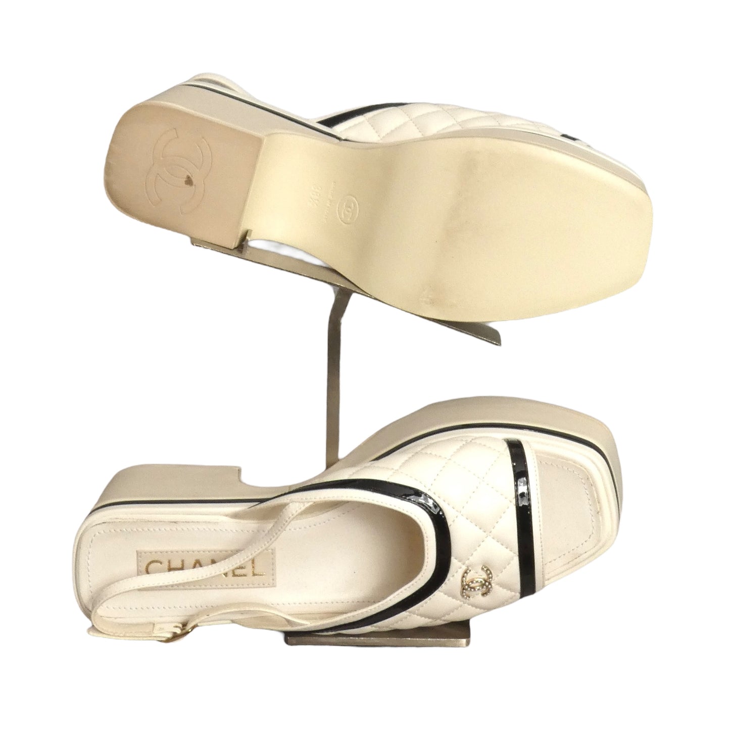 CHANEL- White & Black Quilted Platform Sandals, Size 38.5