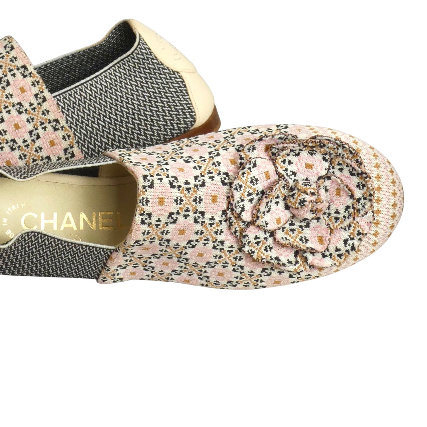 CHANEL- Pink & Black Floral Knit Flats, Size 39