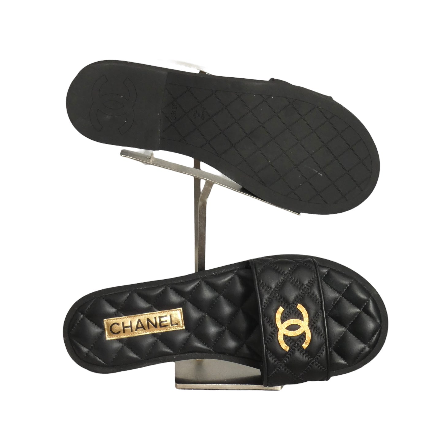 CHANEL- Black Quilted Leather "CC" Slides, Size 38.5