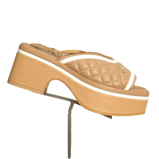 CHANEL- Beige & White Quilted Platform Sandals, Size 38.5