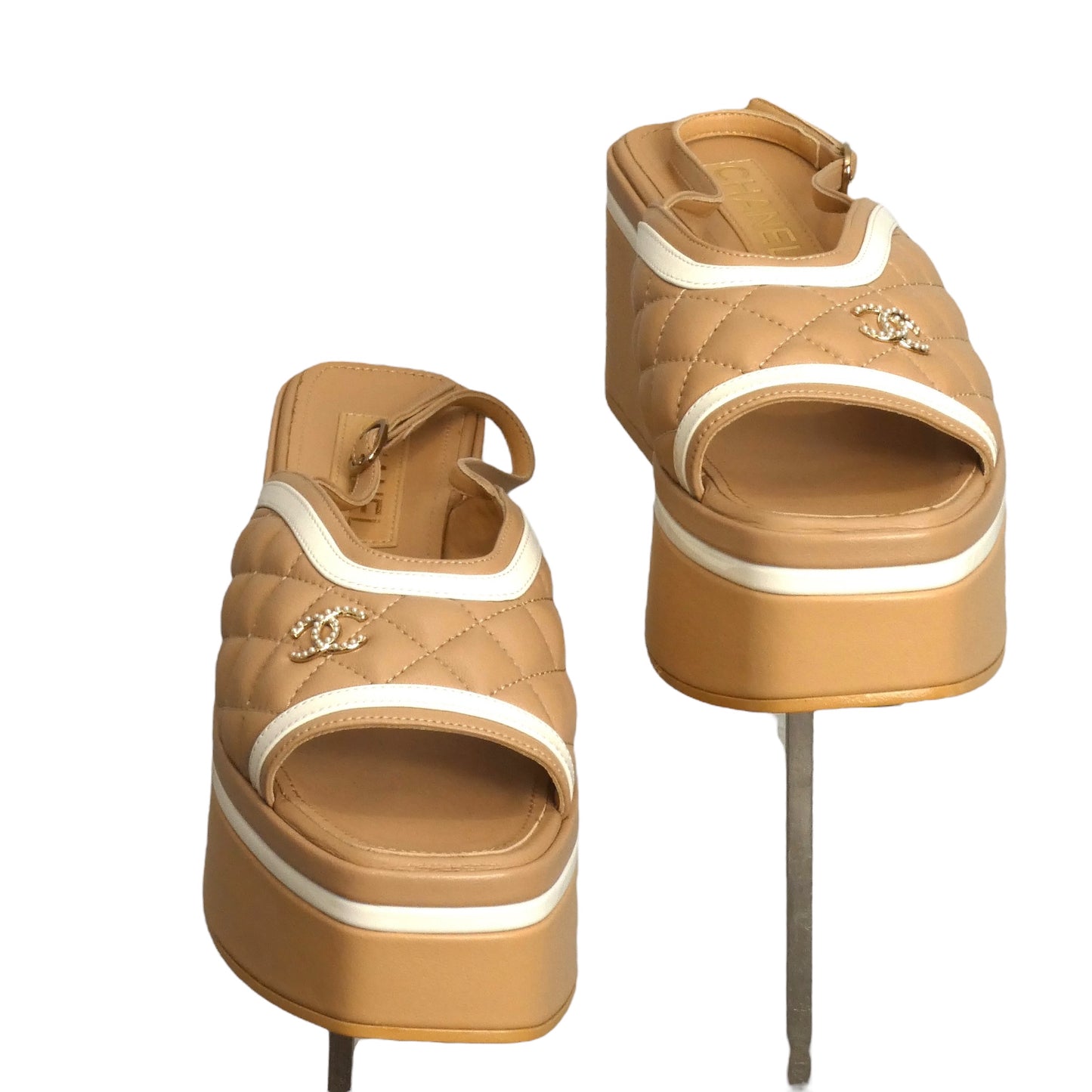 CHANEL- Beige & White Quilted Platform Sandals, Size 38.5