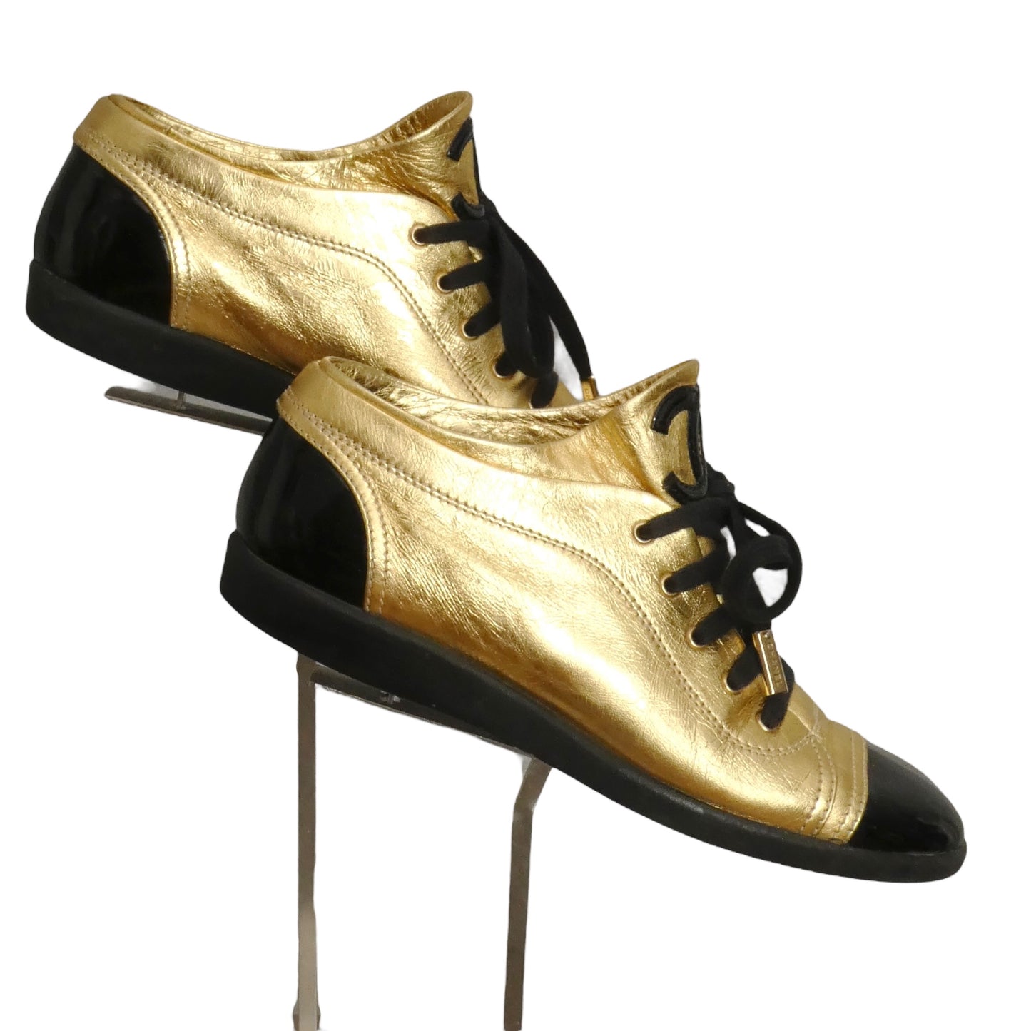 CHANEL- Gold Leather & Patent Cap Toe Sneakers, Size 38.5
