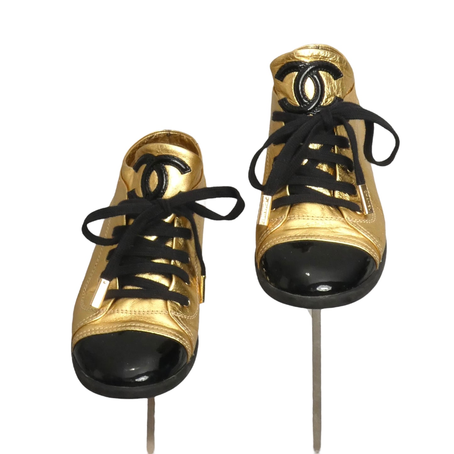 CHANEL- Gold Leather & Patent Cap Toe Sneakers, Size 38.5
