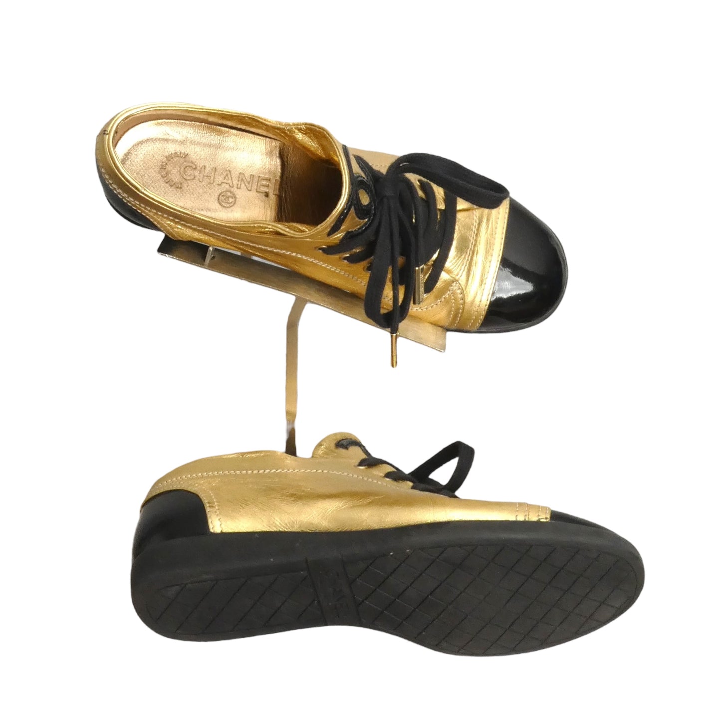 CHANEL- Gold Leather & Patent Cap Toe Sneakers, Size 38.5