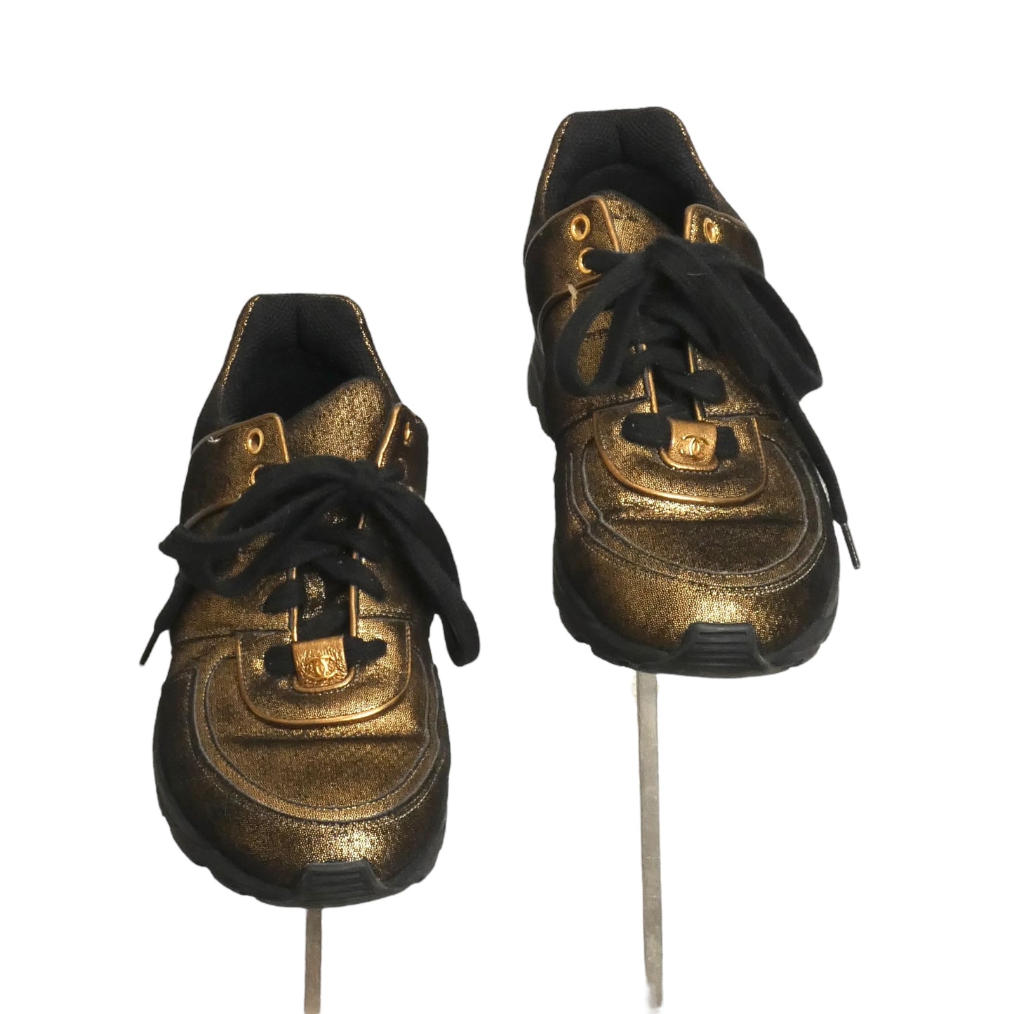 CHANEL- Metallic Gold Sneakers, Size 39