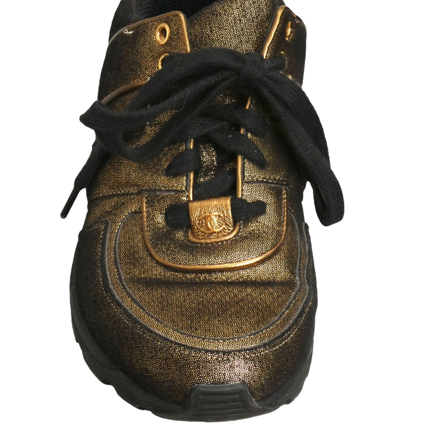 CHANEL- Metallic Gold Sneakers, Size 39