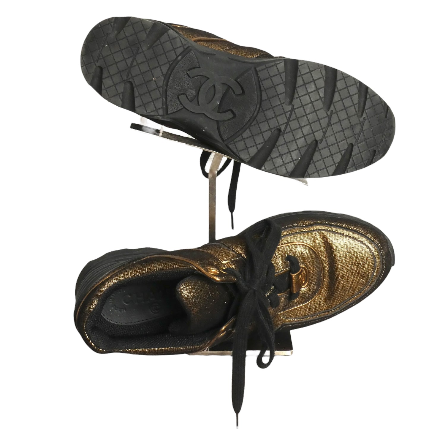 CHANEL- Metallic Gold Sneakers, Size 39