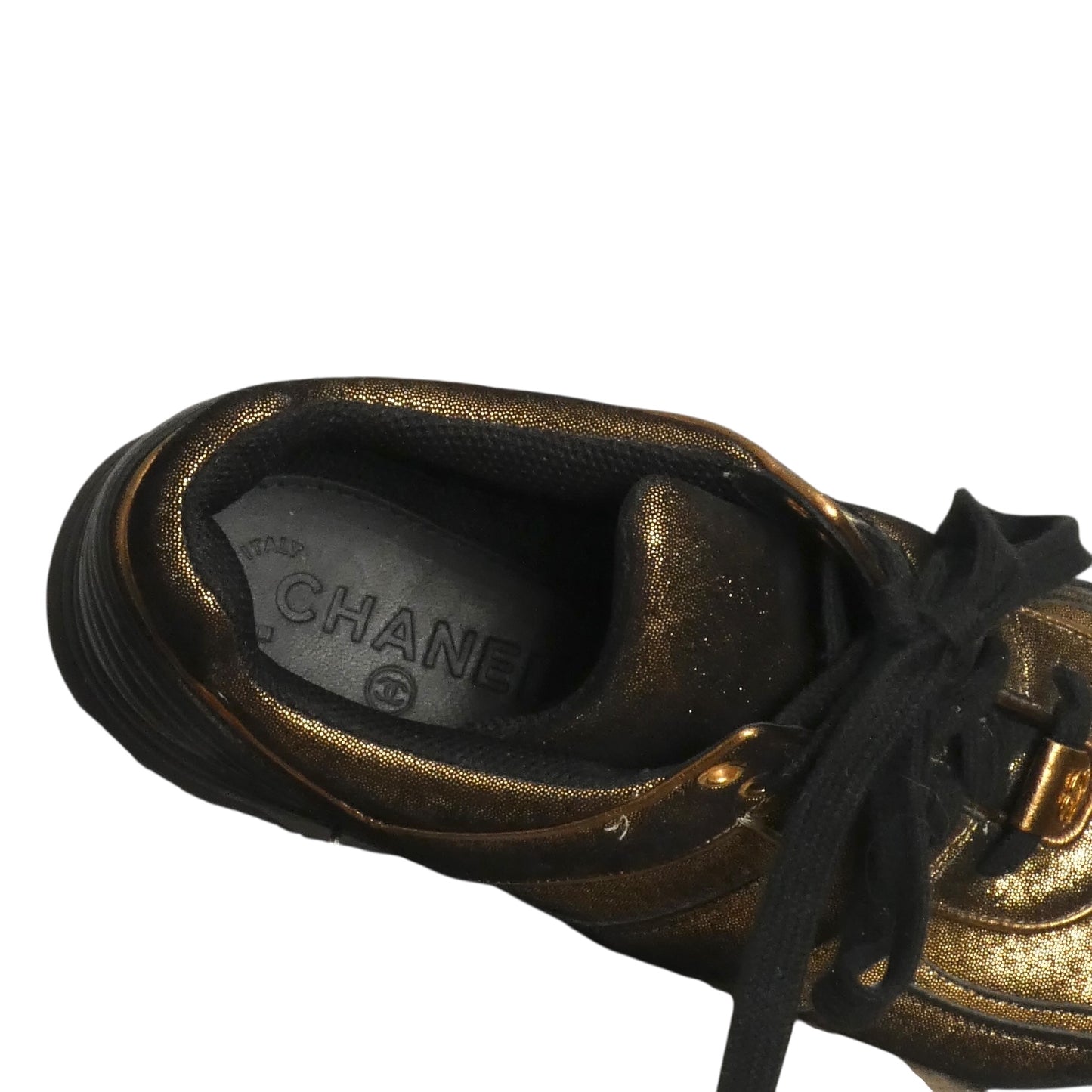 CHANEL- Metallic Gold Sneakers, Size 39