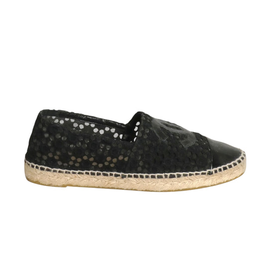 CHANEL- Black Patent & Lace Cap Toe Espadrilles, Size 39