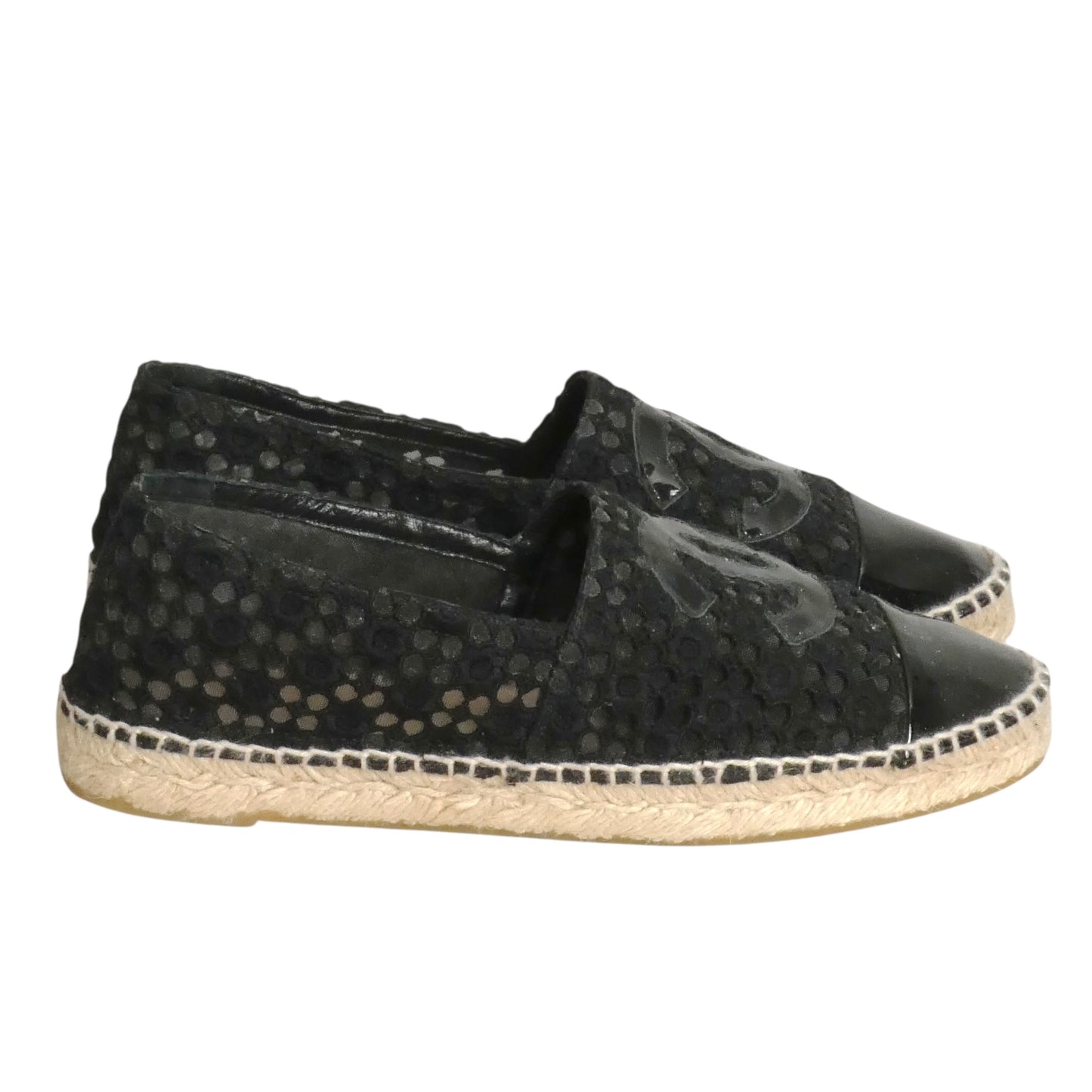 CHANEL- Black Patent & Lace Cap Toe Espadrilles, Size 39