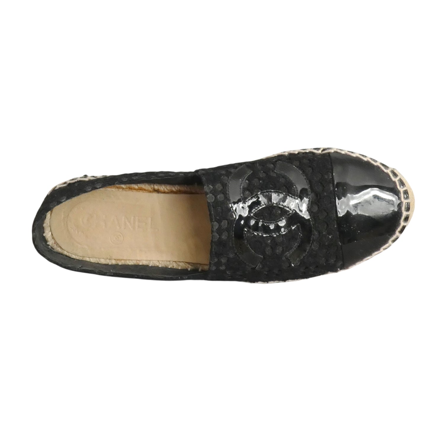 CHANEL- Black Patent & Lace Cap Toe Espadrilles, Size 39