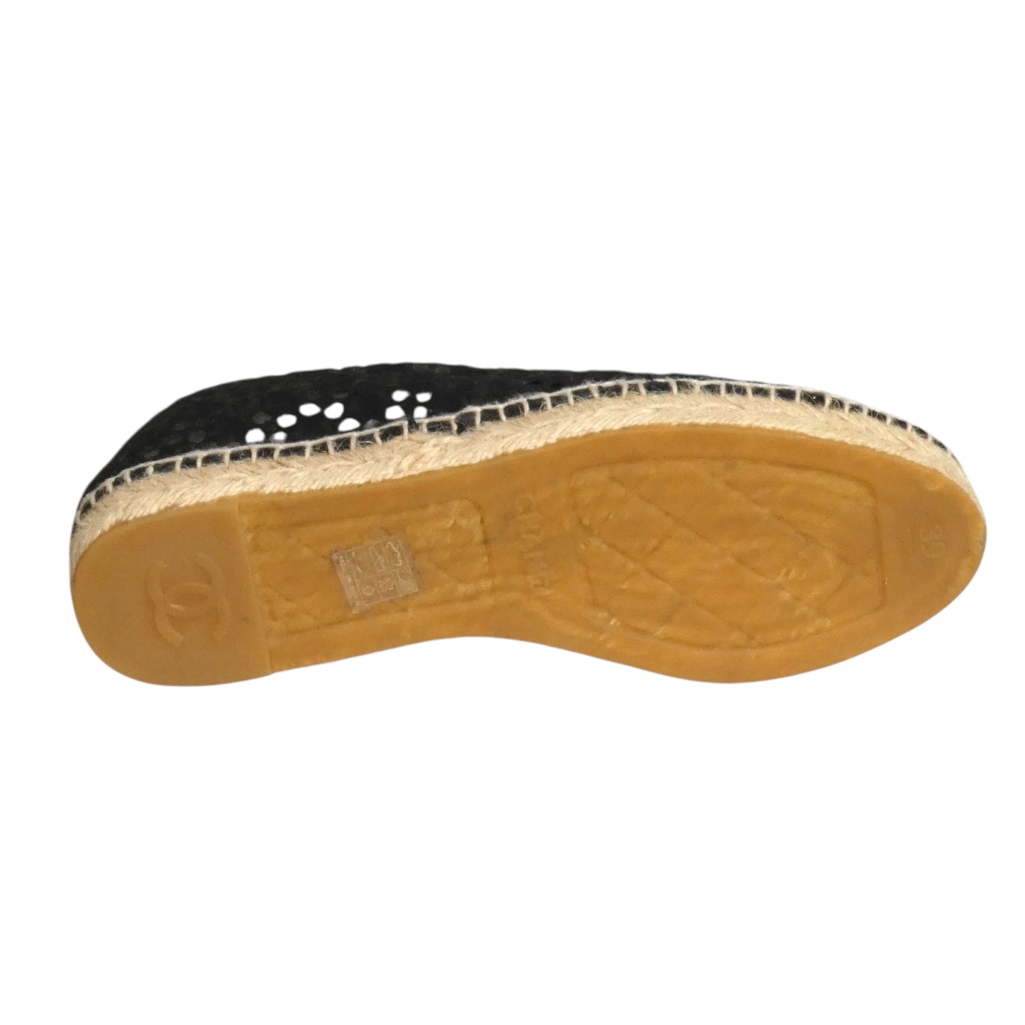CHANEL- Black Patent & Lace Cap Toe Espadrilles, Size 39