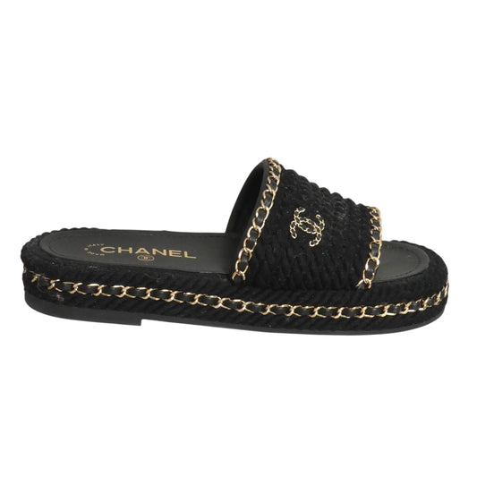 CHANEL- Black Rope & Chain "CC" Slides, Size 36