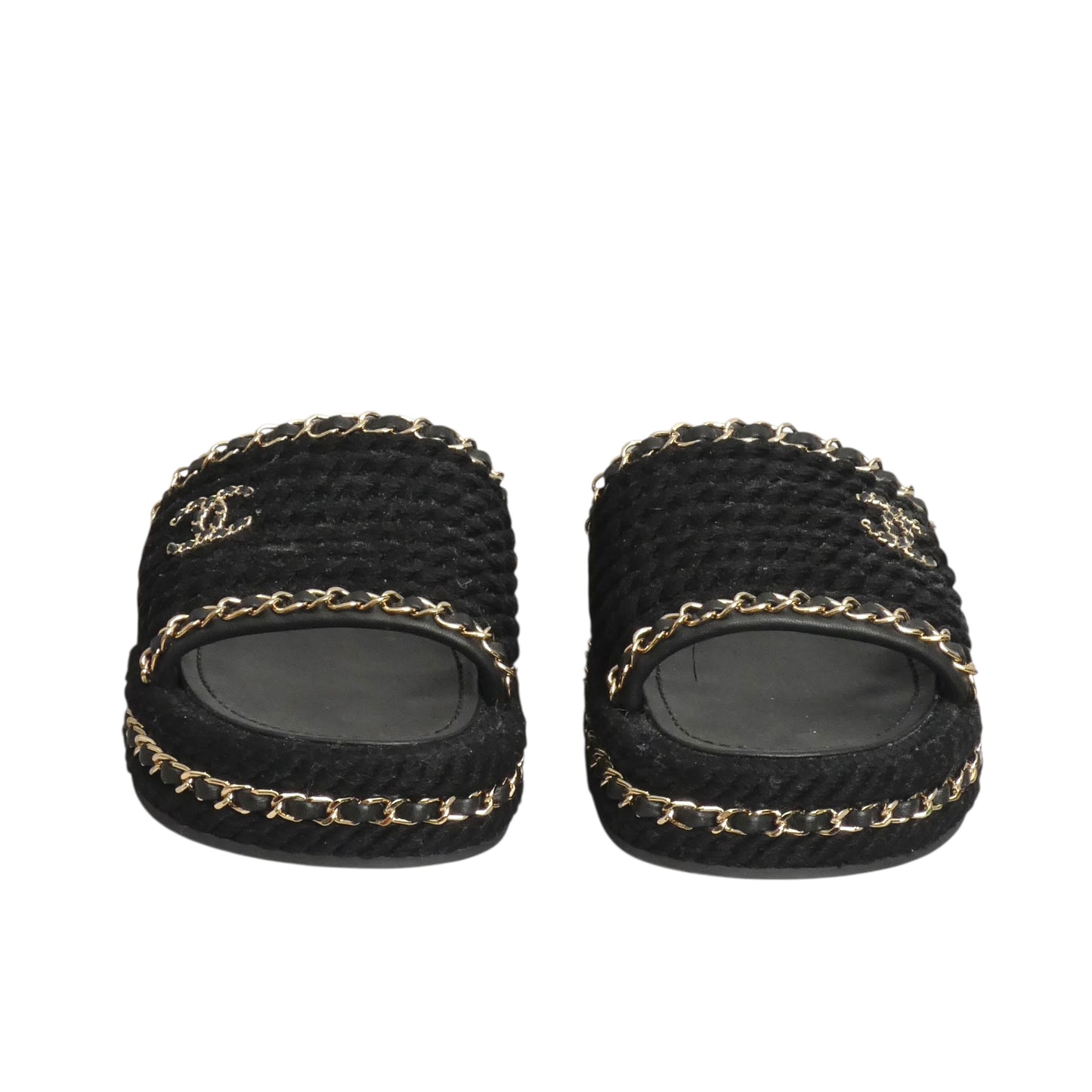 CHANEL- Black Rope & Chain "CC" Slides, Size 36